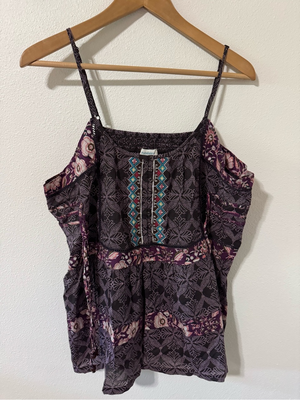 Sundance Embroidered Mixed Floral Cami Purple Front Beaded Ties Bohemian NWOT-XL